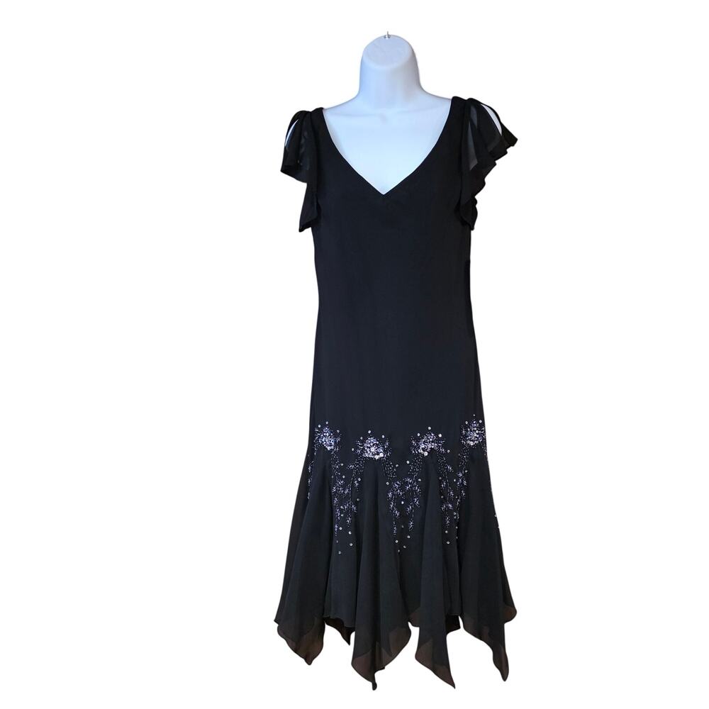 NWT S.L. fashions black y2k Beaded Handkerchief hem Dress sz 6P